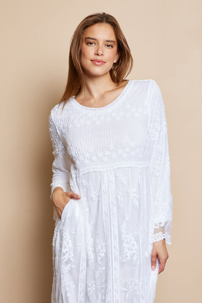 The Everly-Lace Temple Dress in White.