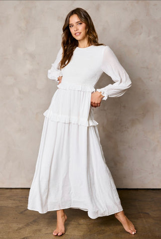 Lennon Smocked Top Ruffle White Temple Dress