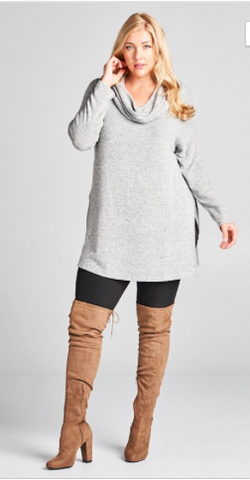 Plus Size High Quality Soft Two Tone Hacci Brush Tunic Top with Side Slit Detail
