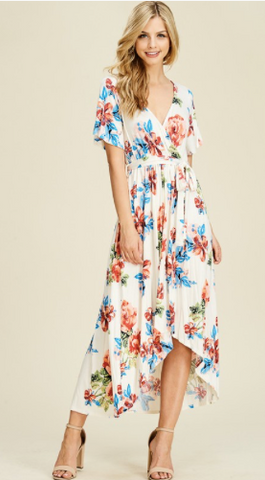 FELICIA HI LOW WRAP FRONT FLORAL PRINTED MAXI DRESS