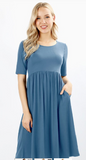 SALLY ROUND NECK DRESS WITH WAIST SHIRRING BODY AND POCKETS PLUS SIZE