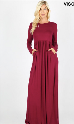 Long Sleeve Round Neck Maxi Dress -Burgundy and Black