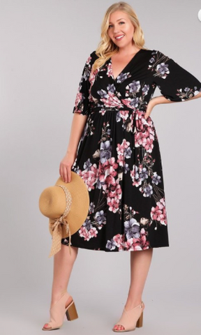 Gloria- Wrap Floral Midi Dress-Black- Plus Size