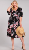 Gloria- Wrap Floral Midi Dress-Black- Plus Size