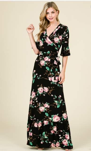 Francesca Wrap Maxi Floral Dress- Black and Ivory  Bella Sun Boutique