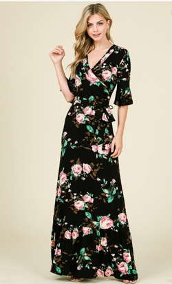 Francesca Wrap Maxi Floral Dress- Black and Ivory
