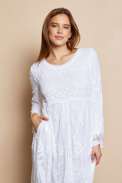 The Everly-Lace Temple Dress in White.