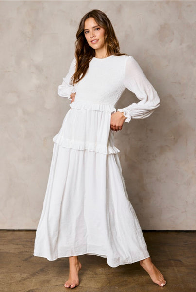 white smock dress long sleeve Lennon Smocked Top Ruffle White Temple Dress – Bella Sun Boutique