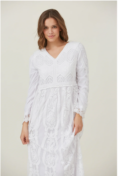 The Taylor Dress- Pocket Embroidered Lace Maxi White Temple Dress