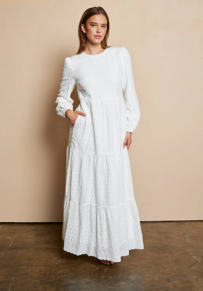 The Grace-Eyelet Lace Tiered Dress in Natural White