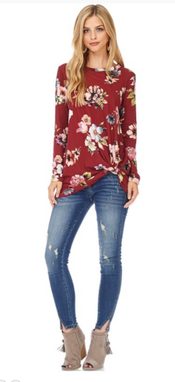 Long sleeve floral top featuring front knot detail