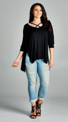 Plus Size Strappy Hi-Low Tunic Top with 3/4 Cuffed Sleeves and Side Slits