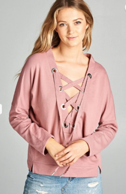 LONG DOLMAN SLEEVE DEEP PLUNGE V-NECK LACE-UP FRENCH TERRY TOP