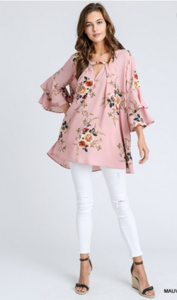 Floral Print Tunic Top in Mauve/Pink Mix