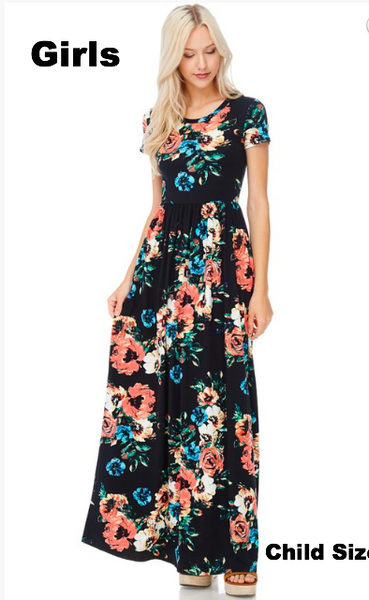 Girls Maxi Dress Floral- matches Women's. Great for Bridesmaids or Flower Girls