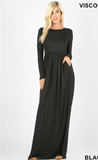 Long Sleeve Round Neck Maxi Dress -Burgundy and Black
