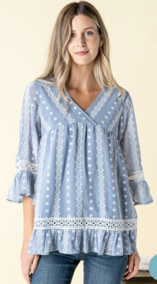 EMBROIDERED RUFFLED HEM TOP