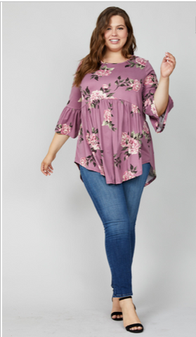 Floral peplum top with ruffle sleeves-Plus Size Wine