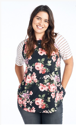 Floral Striped Top Black-Plus Size