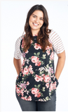 Floral Striped Top Black-Plus Size