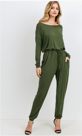 Knit Jersey Front Pocket Olive Jumper/Jumpsuit